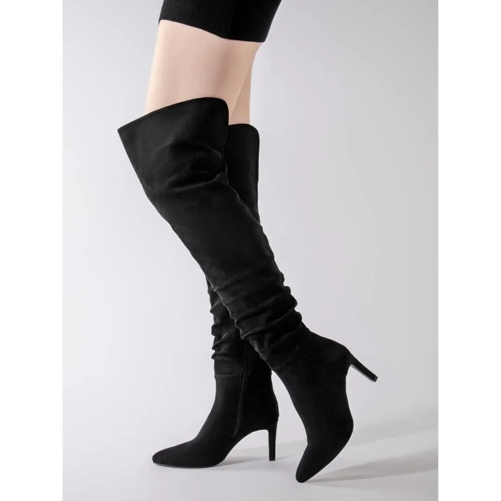 Women Suede Black Thigh High Over The Knee Stiletto Heel Pointed Toe Long Boot